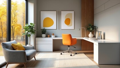 Bright modern workspace with L shaped desk and orange chair. Large window overlooks autumn trees. Comfortable sofa, potted plants, artwork create inviting home office.