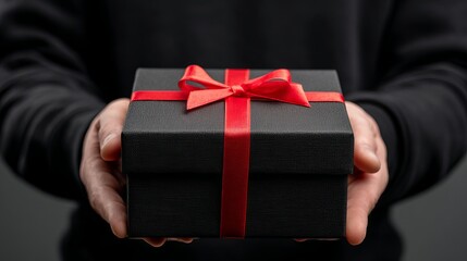 Thoughtful hands present a luxurious black gift box tied with a vibrant red ribbon, perfect for any special occasion or premium offering.