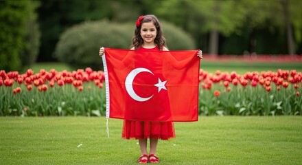Joyful Patriot: A young girl, radiating pride and happiness, stands in a vibrant garden, proudly displaying a Turkish flag. The scene embodies patriotism and the beauty of culture.