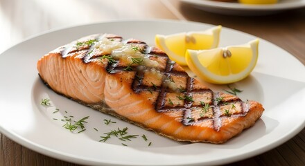 Grilled salmon fillet with lemon wedges and dill garnish served on a white plate for healthy seafood dining and gourmet cooking inspiration