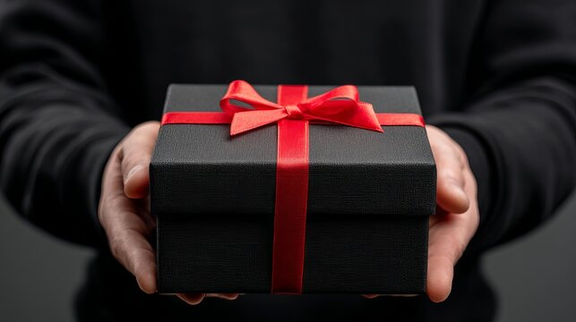 Thoughtful hands present a luxurious black gift box tied with a vibrant red ribbon, perfect for any special occasion or premium offering.