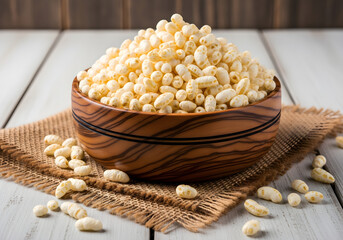 Puffed rice or Murmura in a wooden bowl on burlap cloth
