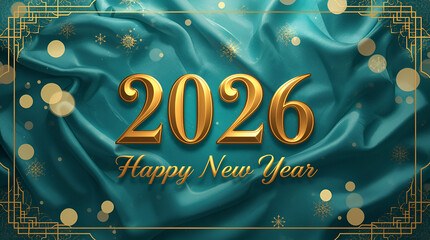 happy new year 2026 on blue shinney background and cloth like looking and text in golden color with golden color border and minimal design 