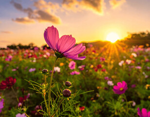 Pink flower in a field of flowers at sunset