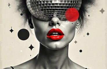 Woman with disco ball mask red lips abstract art concept. Glamour lady party face, modern collage style with geometric shapes, sparkle elements, fashion design, celebration mood.