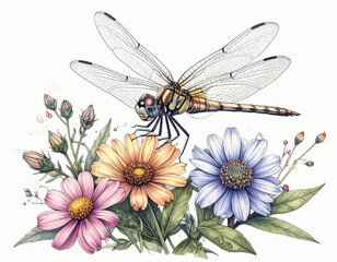 Line drawing of a dragonfly hovering above flowers