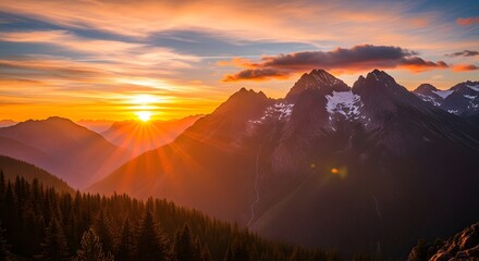 Mountain sunset landscape dramatic sky orange glow alpine peaks forest silhouette wilderness nature vista scenic beauty