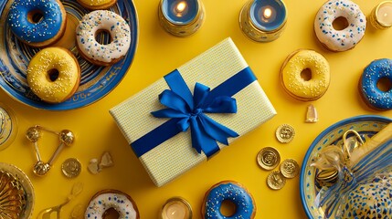 Celebrate joyous occasions with a beautifully wrapped gift surrounded by vibrant donuts and golden coins, creating a festive and abundant atmosphere.