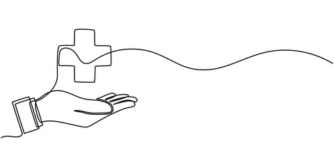 Continuous line drawing of palm hand holding medical cross and heart love. Vector illustration