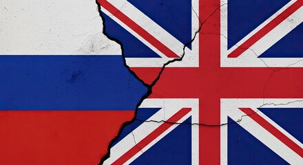 Fototapeta premium Flags Apart: A stark visual representation of the complex relationship, divided between the United Kingdom and Russian flags. A poignant reminder of geopolitical tensions and division.