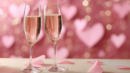 Clinking champagne flutes celebrate romance and special moments with soft bokeh heart backdrop