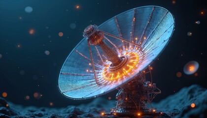 Satellite dish collects data in futuristic landscape. Signal receiving by antenna. Space exploration, tech innovation concept. Digital communication network. Space observatory equipment for cosmic