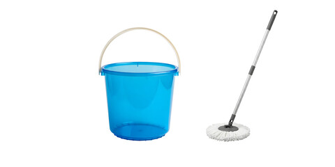 Fototapeta premium Bucket with mop and cleaning brush on white background