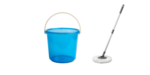 Bucket with mop and cleaning brush on white background