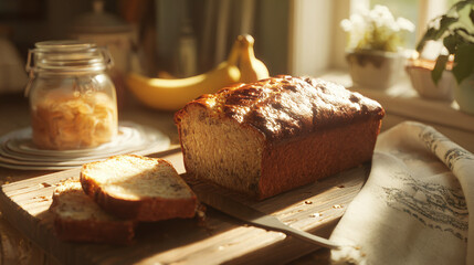 A beautifully lit loaf of bread, sliced, with a jar and banana in background, perfect for a cozy morning