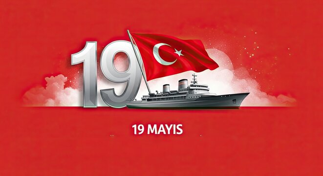 19 Mayıs Commemoration: A patriotic scene of a ship carrying the Turkish flag, celebrating the historic date of 19 May, embodying the spirit of a nation.