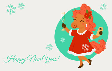 New Year 2026. Year of the Horse. A cute horse welcomes you to the New Year! Vector illustration for a website banner and social media template.