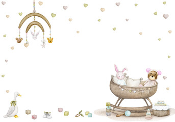Cute bunny and teddy bear in a cradle. Watercolor frame, banner, backdrop for birthday, baby shower, children's party. Horizontal card, poster, invitation. Scandinavian style, boho, retro.
