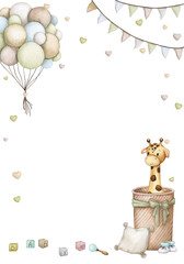 Cute toys in the chest. Watercolor frame, banner, backdrop for birthday, gender party, baby shower, children's party. Vertical card, poster, invitation, greeting card. Scandinavian style, boho, retro.