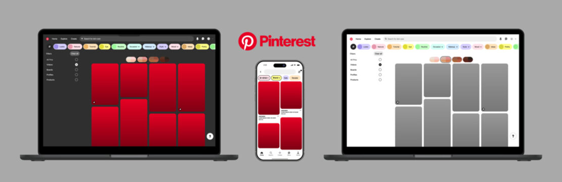 Pinterest feed and board mockup template displayed on Pinterest desktop UI, Pinterest mobile app layout, and laptop frames showcasing editable pins, filters, and social media template design