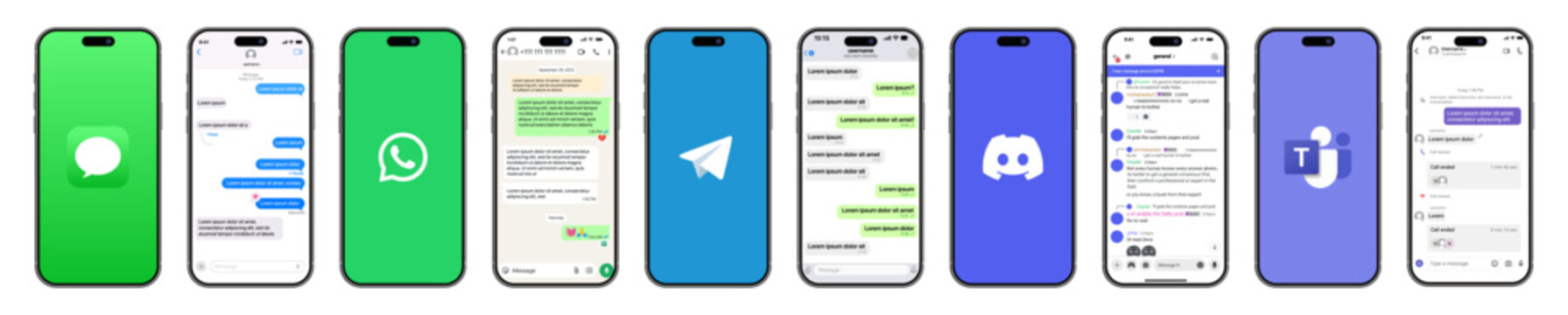 iMessage, WhatsApp, Telegram, Discord, and Microsoft Teams chat screen mockup template showcasing multi-messenger mobile UI frames, editable messaging bubbles, and modern communication template design