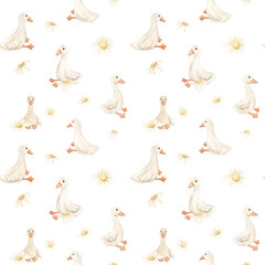 Fototapeta premium Watercolor seamless children's pattern. Children's theme. Print for fabric, pajamas. Newborn. Cute animals, geese, rabbits. Baby shower. Green neutral print. Watercolor texture.