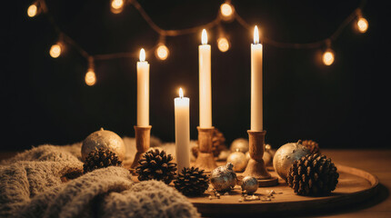 Elegant candle arrangement with warm glow, pine cones, and festive ornaments creating a cozy atmosphere for holiday celebrations and gatherings