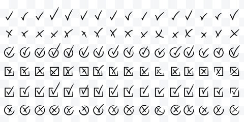 Hand drawn check and cross icons set in circle and square outline checklist marks vector illustration. Check tick mark icon set. Cross box x check mark checkbox v list vector draw hand drawn sketch  © Hike Studio 786