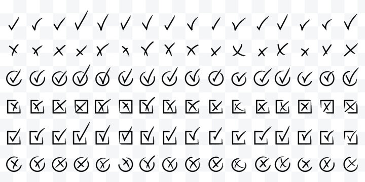 Hand drawn check and cross icons set in circle and square outline checklist marks vector illustration. Check tick mark icon set. Cross box x check mark checkbox v list vector draw hand drawn sketch 