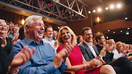 Joyful diverse audience in a theater laughing and applauding enthusiastically Happy spectators enjoying a captivating live performance or exciting event together