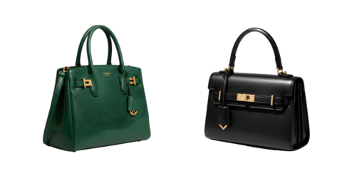 Green and black leather bags isolated on white background