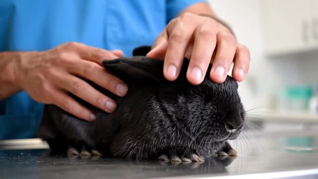 Caring veterinarian gently checks a nervous black rabbit during a routine examination at the clinic
