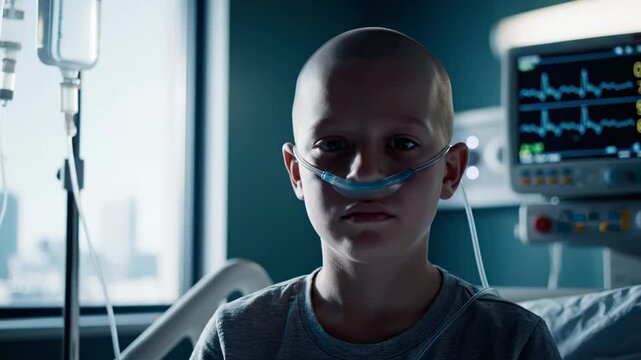 Child patient in hospital bed with nasal cannula and iv drip.