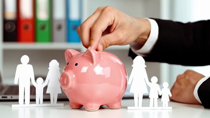 Hand puts coin into piggy bank for family financial planning goals