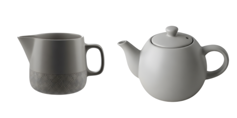 set of ceramic tea cups with saucers on white background