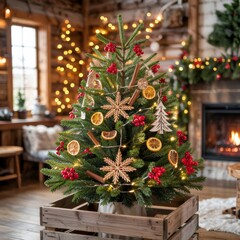 Serene holiday ambiance scene showcasing eco-friendly tree styling, warm wood tones, and a tranquil indoor setting with glowing seasonal accents.