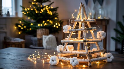 Refined Christmas room setup with dual tree styling—natural wood and classic pine—enhanced by yellow string lights and cozy textures.