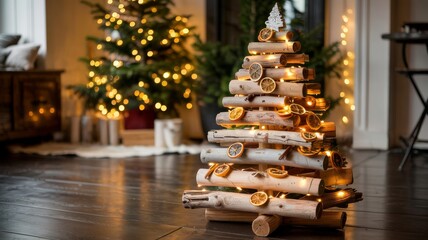 Refined Christmas decor setup with dual tree styling&mdash;organic wood and classic green&mdash;enhanced by string lights and potted plants near a sunlit window.
