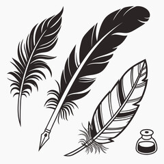 Obraz premium Set of Bird Feather. Feathers vector set in a flat style. Pen icon. Black quill feather silhouette. Plumelet collection isolated on white background