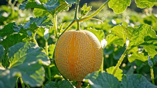 Fresh ripe melon growing on vine in sunny field organic agriculture harvest
