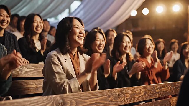 Diverse Asian Women Audience Happily Clapping and Smiling Applauding a Performance or Event with Genuine Joy and Positive Energy