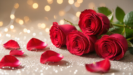 Beautiful red roses with scattered petals on a glitter surface, glowing bokeh lights in the background. Romantic floral composition for celebration or love themes.