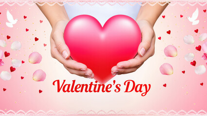 Hands holding a shiny red heart with text Valentine’s Day, surrounded by petals, doves, and hearts on pink background. Love and tenderness concept.