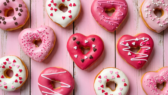 Heart-shaped donuts with colorful icing and sprinkles arranged on a pink wooden background. Sweet Valentine's Day themed dessert concept. - Powered by Adobe
