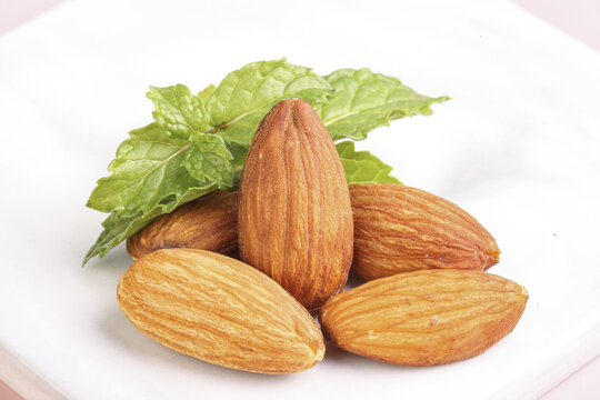 Fresh Roasted Almonds with Mint Leaves - Healthy Snack