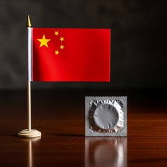 National policy discussions meet sexual health awareness with a small China flag and condom packet