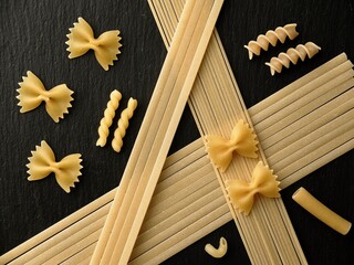   Flatlay close up of dry pasta noodles.