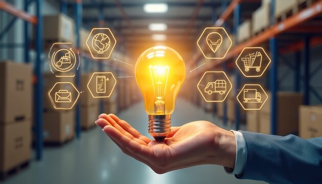 Businessman hand holds glowing light bulb. Holographic icons show global shipping, delivery, warehouse logistics, business operations. Ideas for supply chain solutions, optimization, inventory - Powered by Adobe