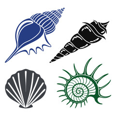 Obraz premium Set of four stylized seashell icons in blue spiral shell, black tapered shell, gray scallop shell and green nautilus shell