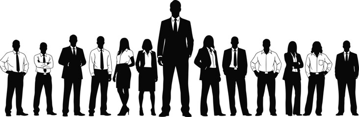Silhouetted professional business team standing together in confident poses symbolizing leadership, teamwork, unity, corporate strength, organization success